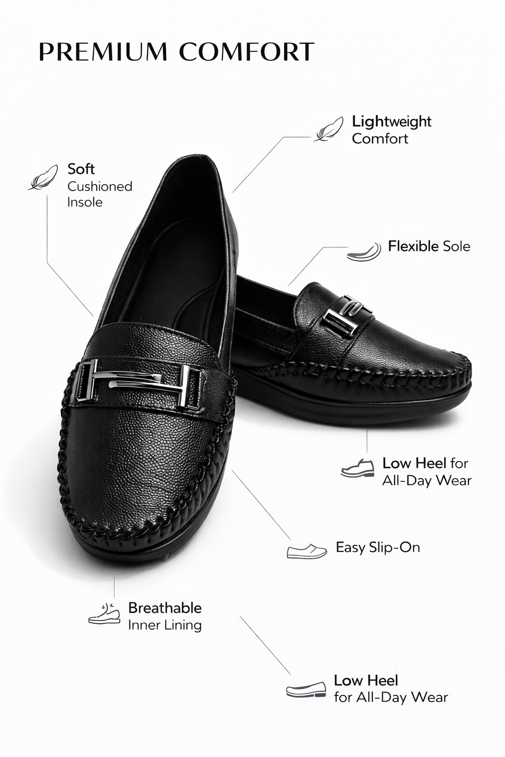 LaVida Black Horsebit Slip-On Formal Loafers for Women – Comfortable Low Heel Office Shoes