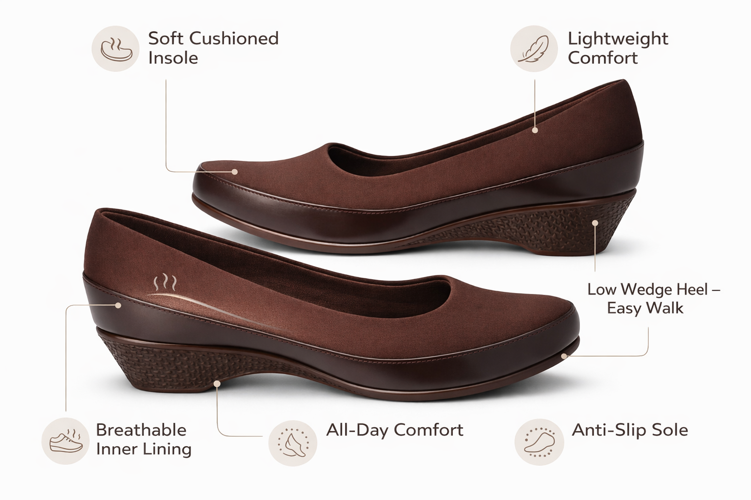LaVida Brown Wedge Heel Square Toe Office Pumps for Women – Comfortable Work and Business Casual Shoes