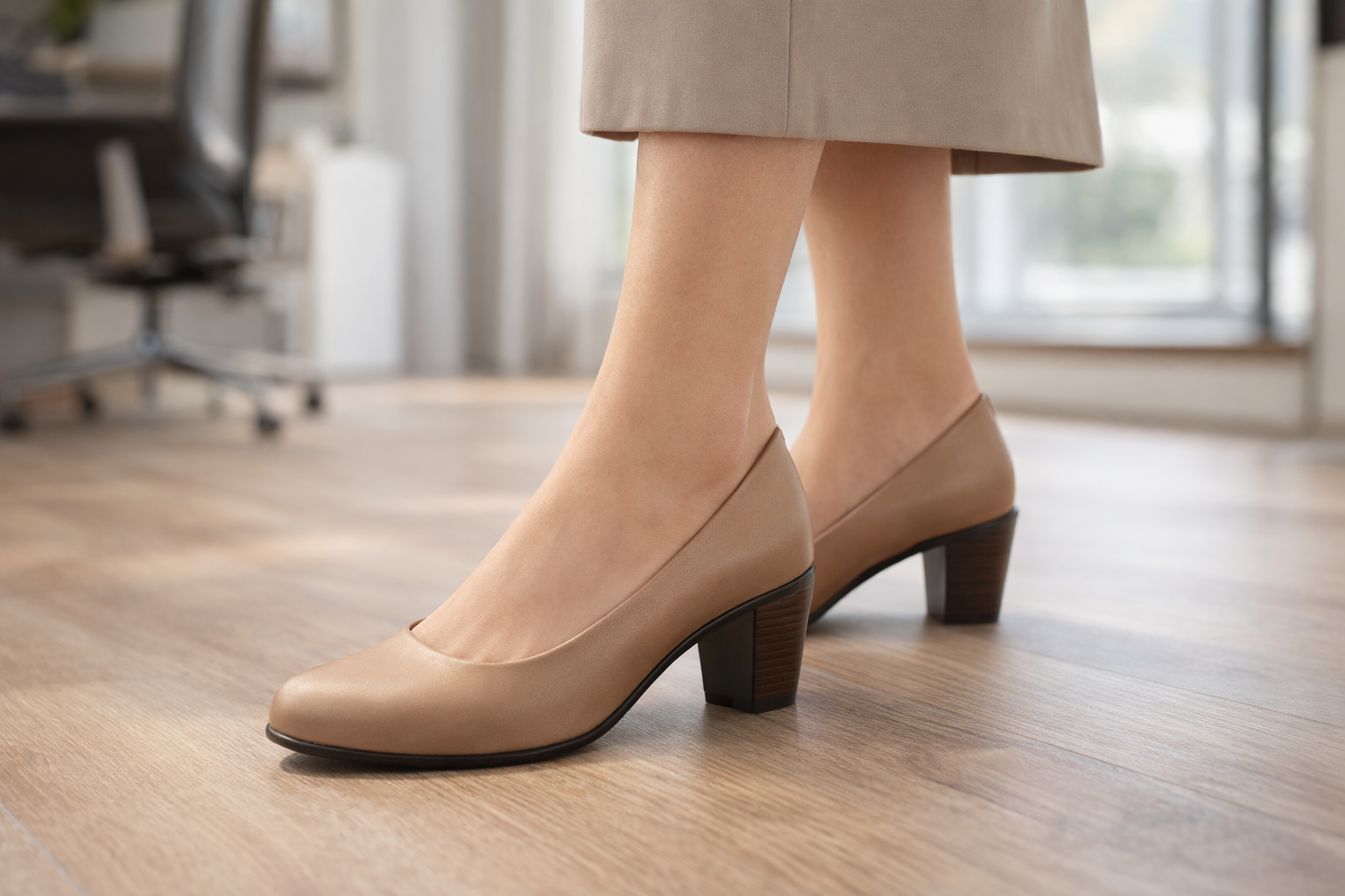 LaVida women’s chiku beige formal block heel pumps for office wear with comfortable fit