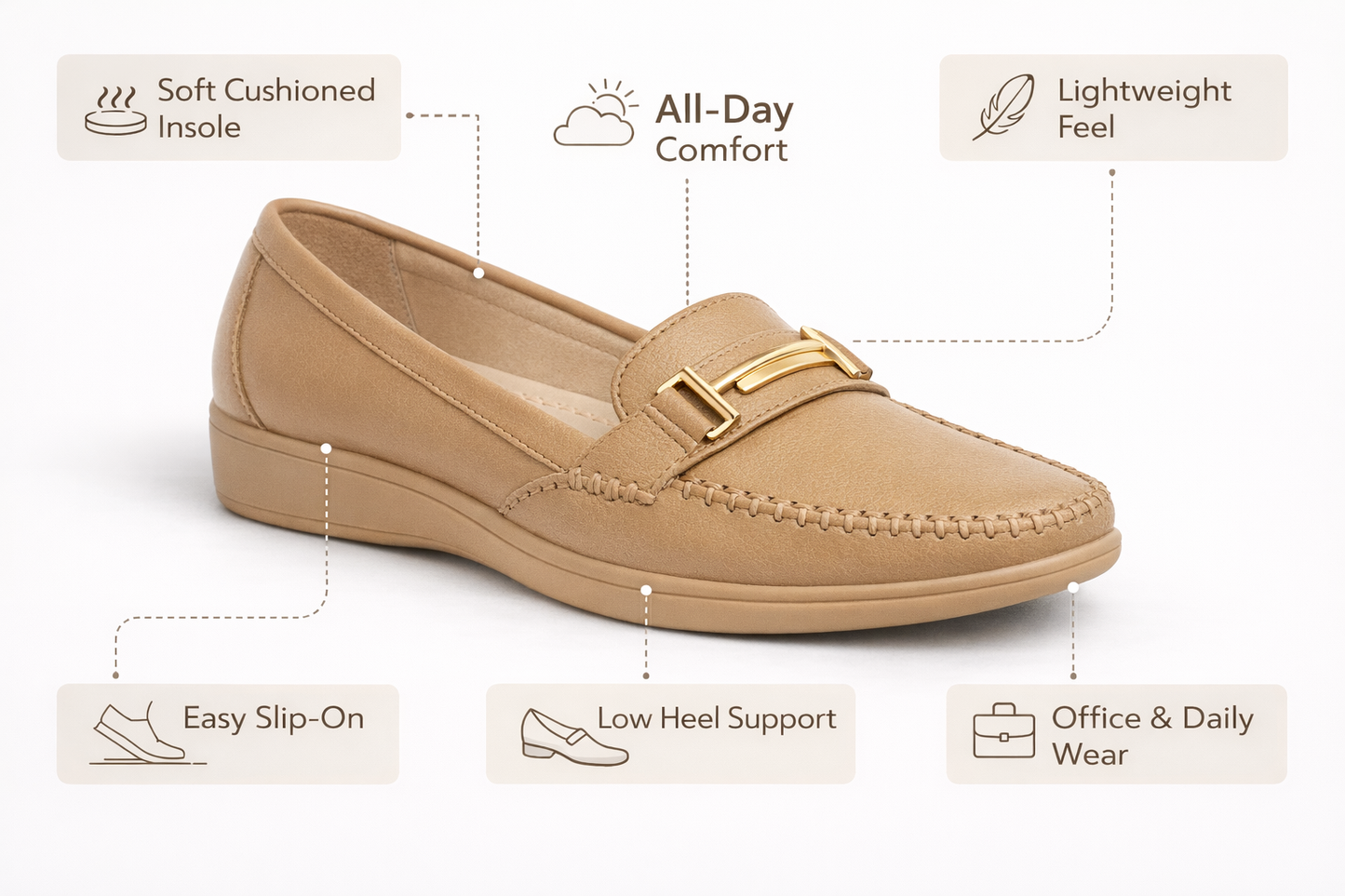 LaVida Cream Horsebit Formal Slip-On Loafers for Women – Comfortable Moc Toe Office Wear Shoes