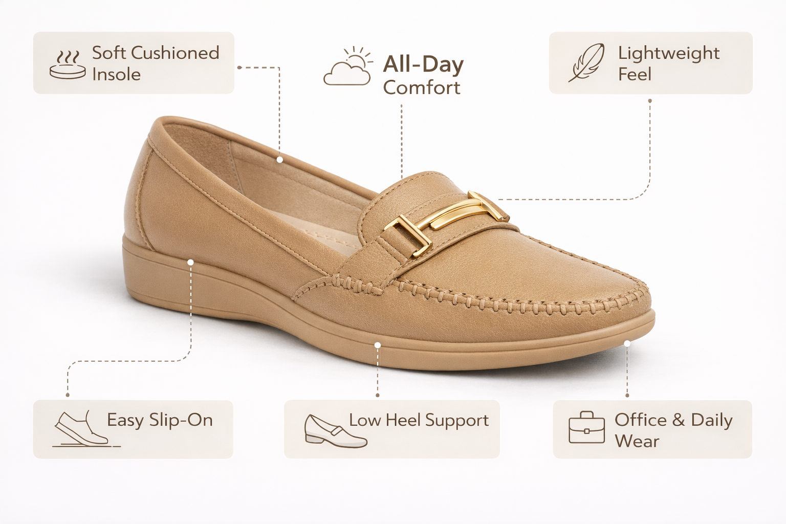 LaVida Cream Horsebit Formal Slip-On Loafers for Women – Comfortable Moc Toe Office Wear Shoes