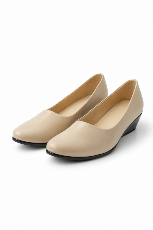 LaVida Cream Wedge Heel Round Toe Formal Pumps for Women – Comfortable Office Wear Slip-On Shoes