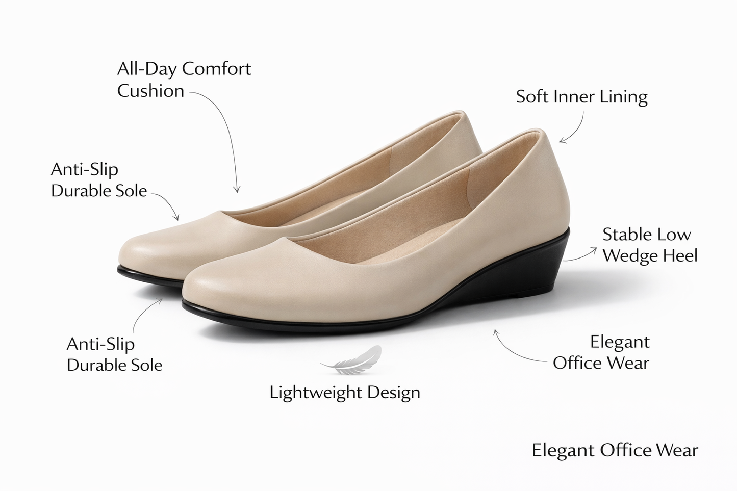 LaVida Cream Wedge Heel Round Toe Formal Pumps for Women – Comfortable Office Wear Slip-On Shoes