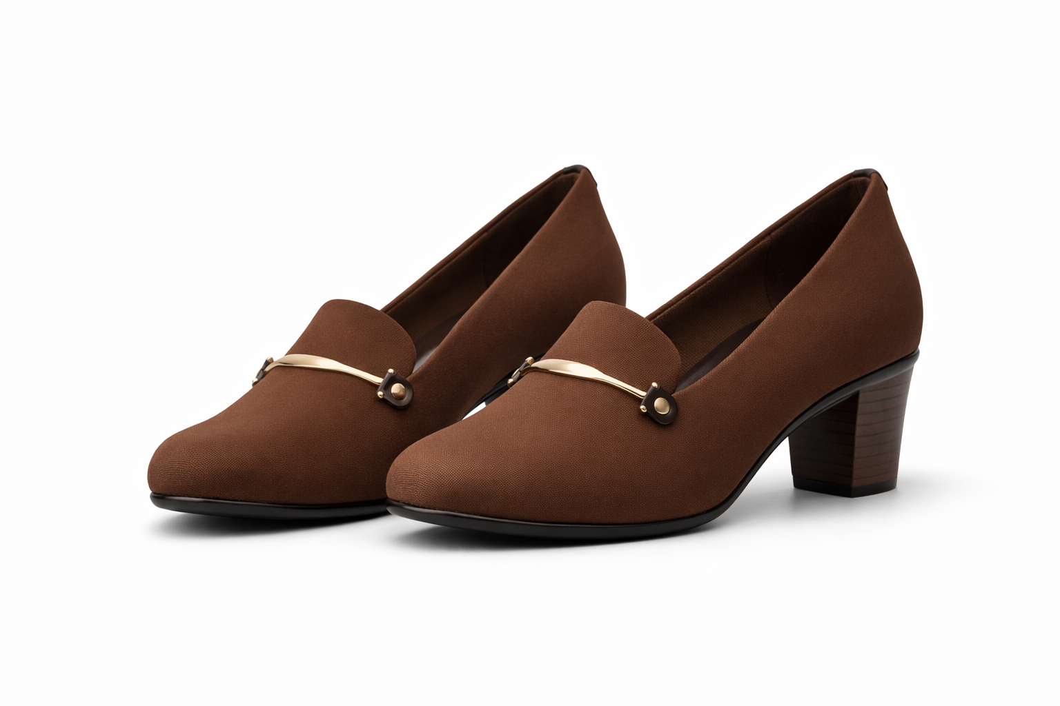 Women’s brown block heel loafer pumps for office wear