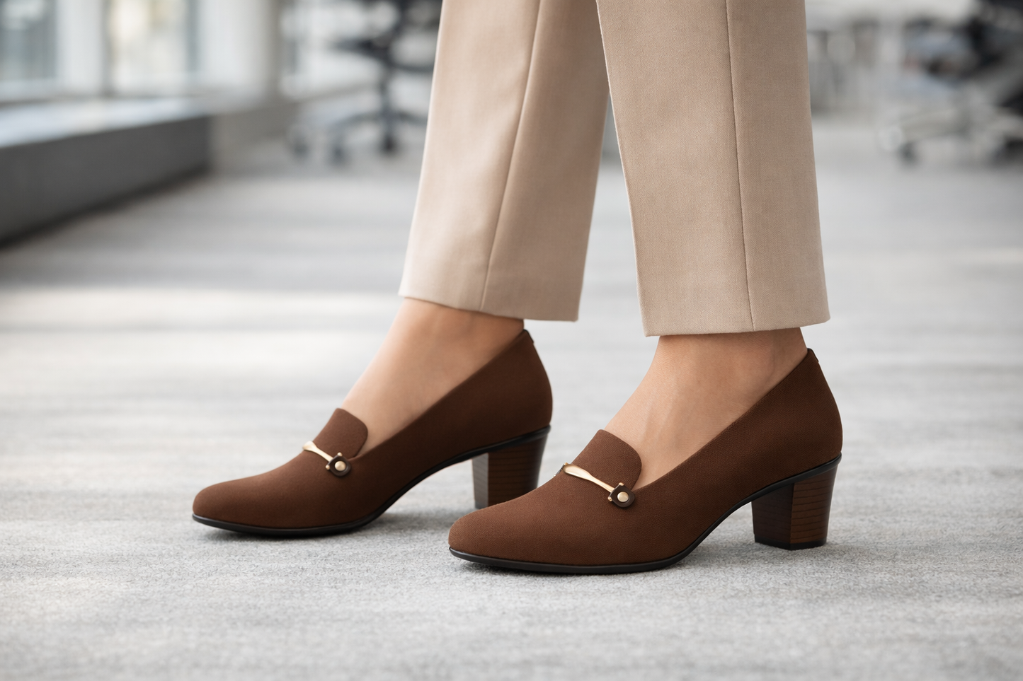 Women’s brown block heel loafer pumps for office wear