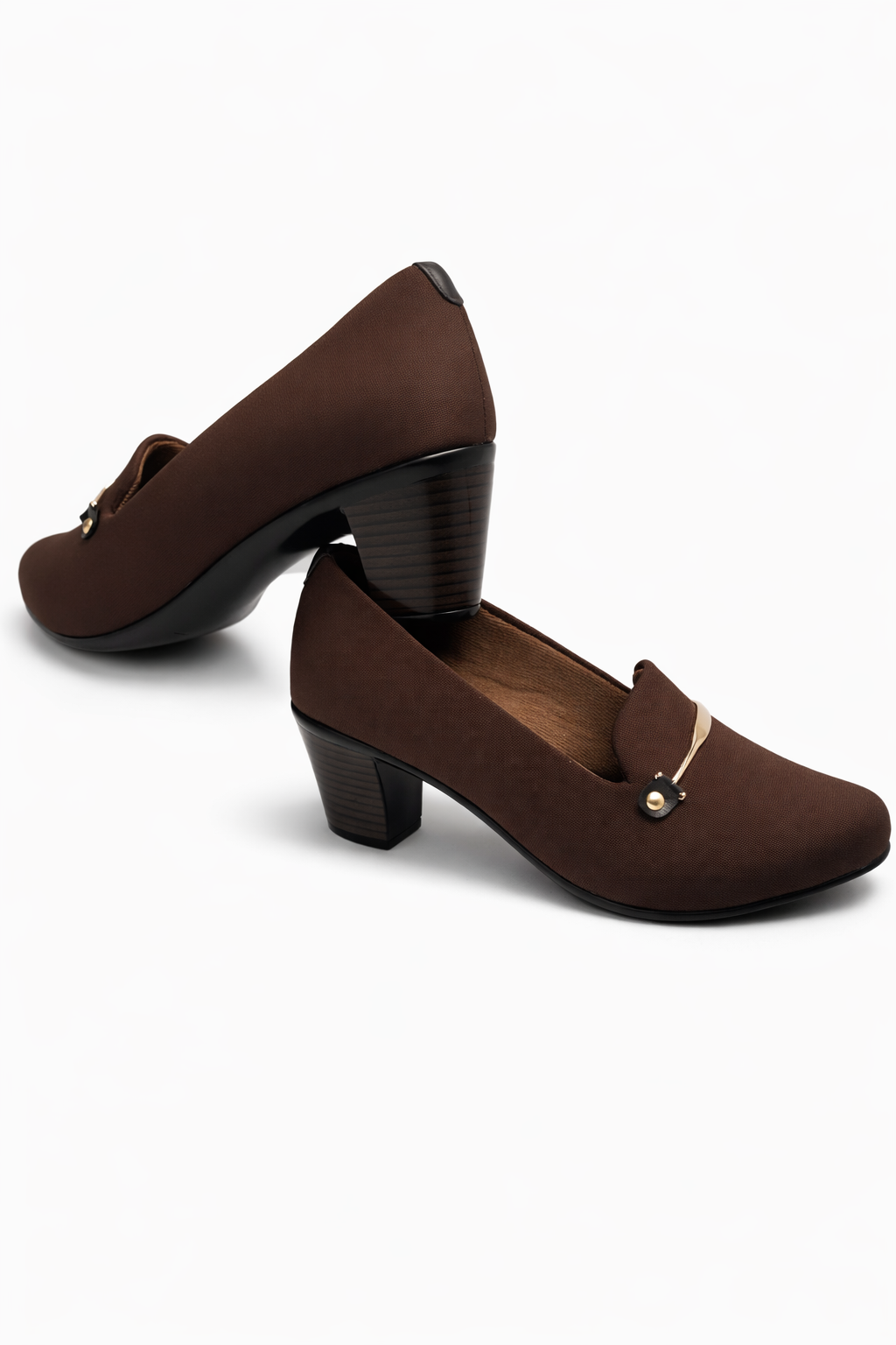 Women’s brown block heel loafer pumps for office wear