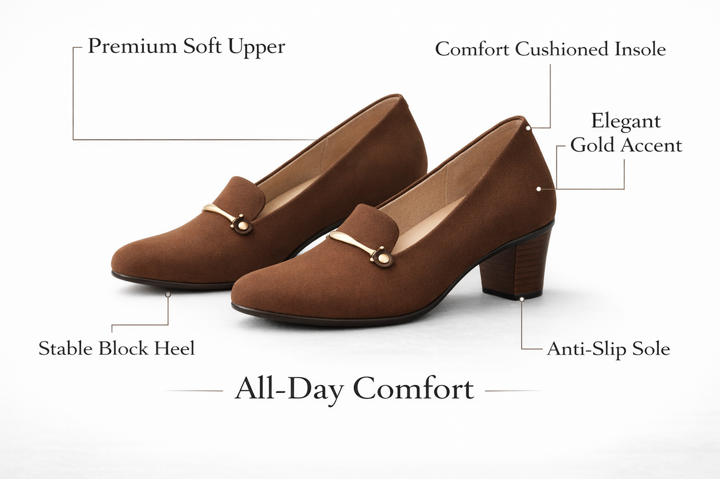 Women’s brown block heel loafer pumps for office wear