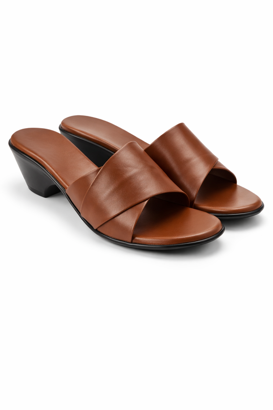 Women’s comfortable block heel slide sandals in tan for daily wear