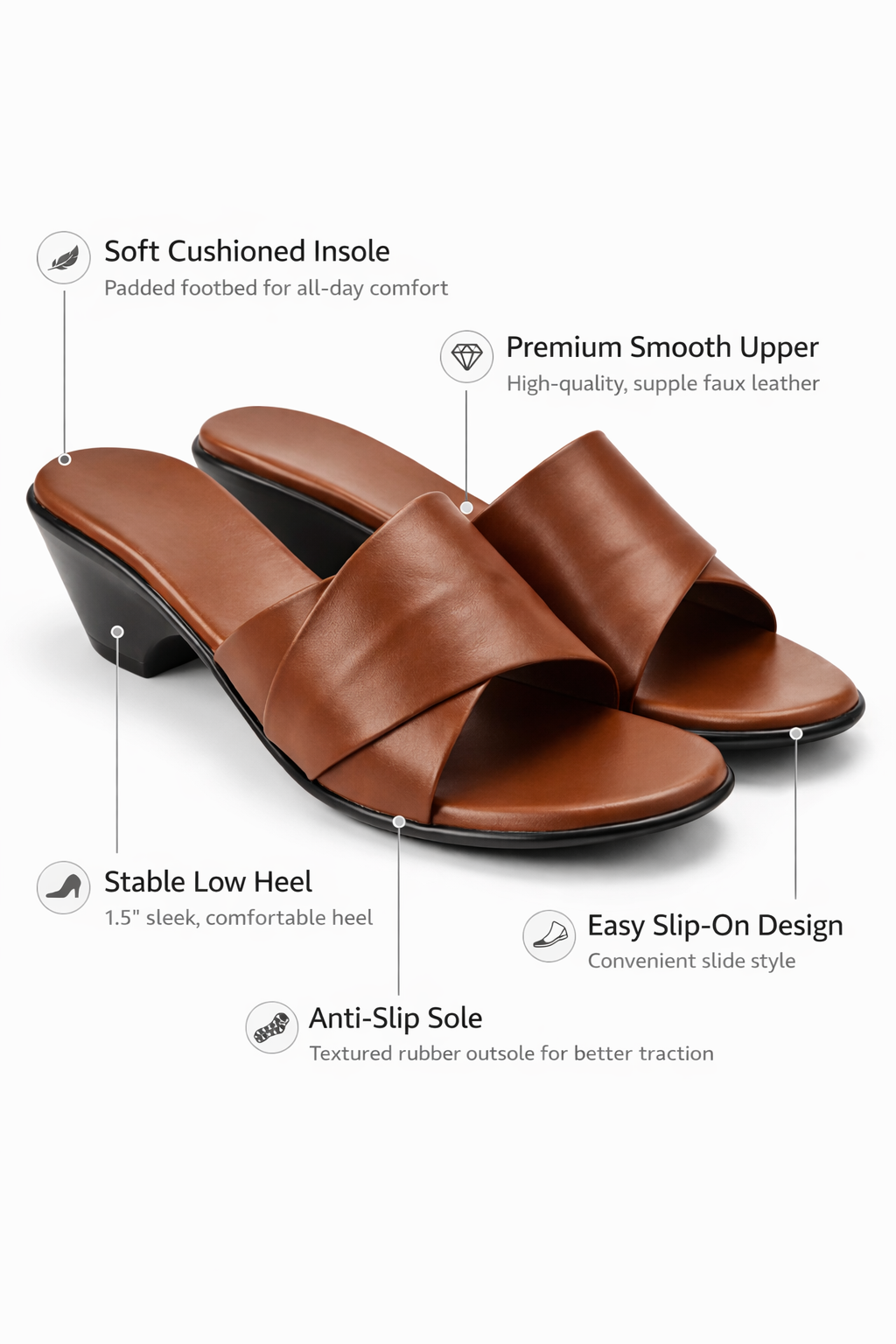 Women’s comfortable block heel slide sandals in tan for daily wear